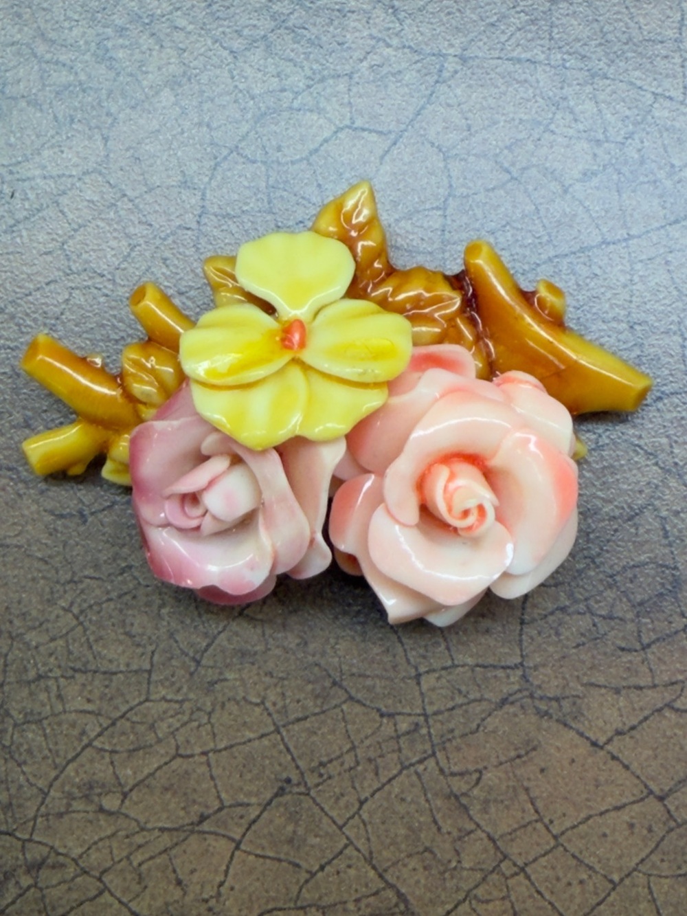 Floral celluloid Rose Cluster Brooch in Pink, Yellow and Brown